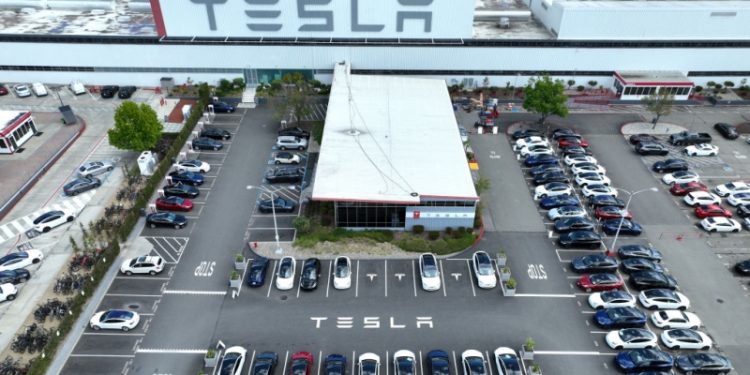 特斯拉工廠外停車場。（Getty Images）