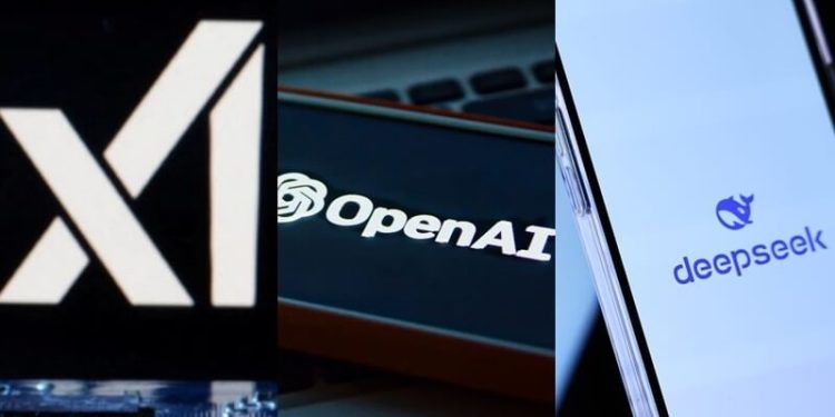 圖為xAI、OpenAI、deepseek logo。（圖取自路透社、Unsplash圖庫、中央社檔案照片）