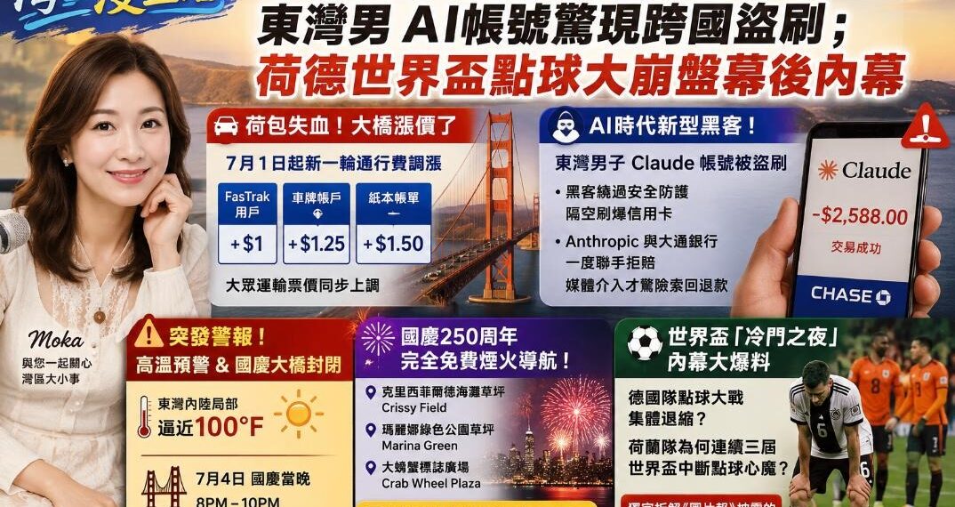 《灣區漫生活》7月1日大橋漲價首日！東灣男AI帳號驚現跨國盜刷；荷德世界盃點球大崩盤幕後內幕