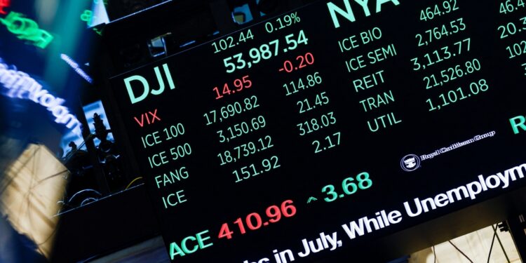 A screen displays stock market information after the opening bell at the New York Stock Exchange (NYSE) in New York City, U.S., August 7, 2026. REUTERS/Jeenah Moon